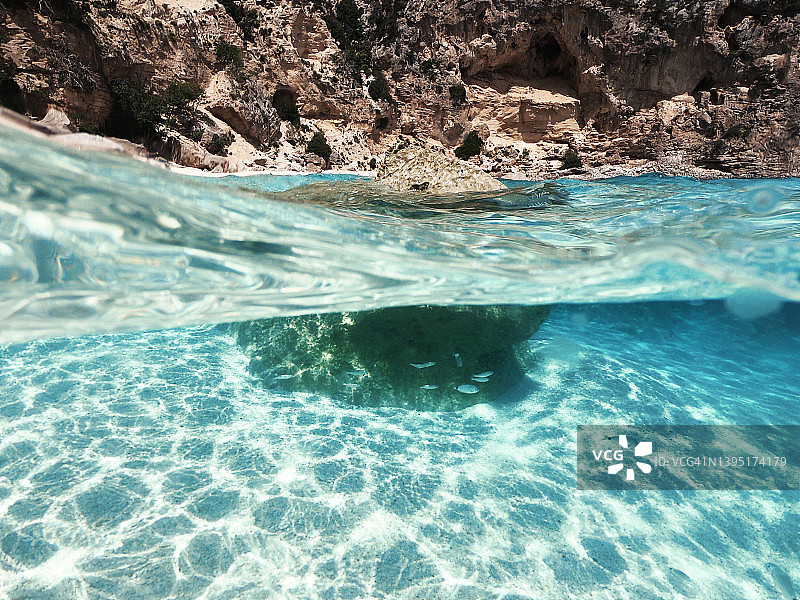 卡拉马里奥卢海湾碧绿海水中畅游的鲷鱼图片素材