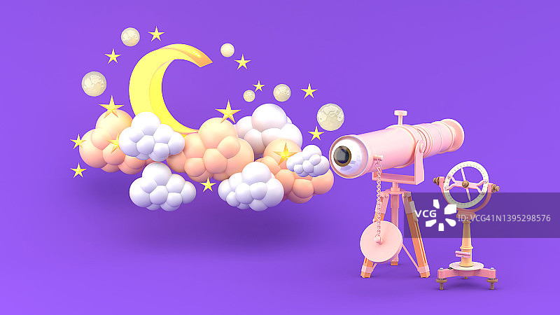 紫色背景下的望远镜，周围环绕着星星、月亮和云朵 - 3D渲染图片素材