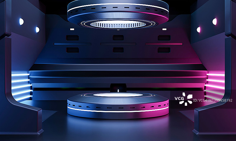 赛博朋克科幻产品展示台，蓝色和粉色宇宙飞船背景3D渲染图片素材