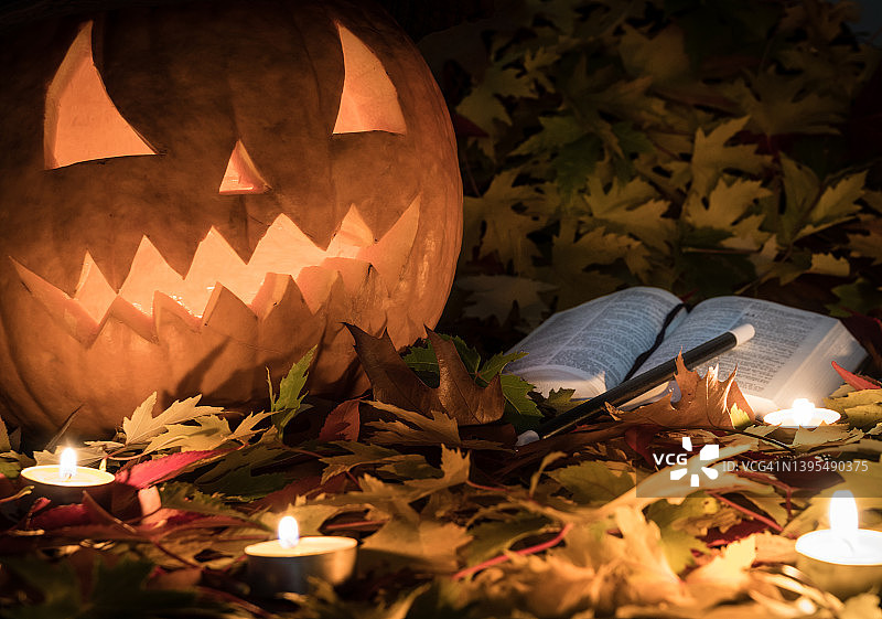 万圣节灯笼和魔法书图片素材