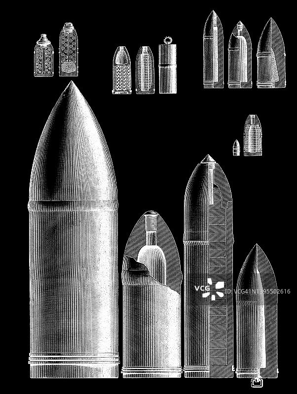 子弹、榴霰弹和分段炮弹的古老雕刻插图图片素材