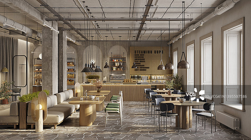 配备精美家具的现代咖啡馆内景图片素材