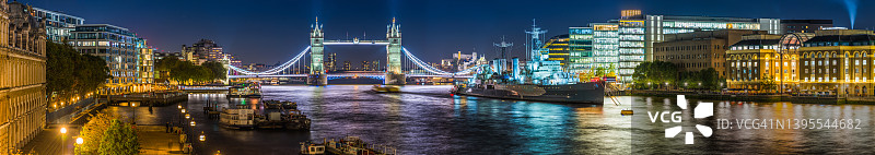 夜幕下的伦敦塔桥、泰晤士河堤岸全景图片素材
