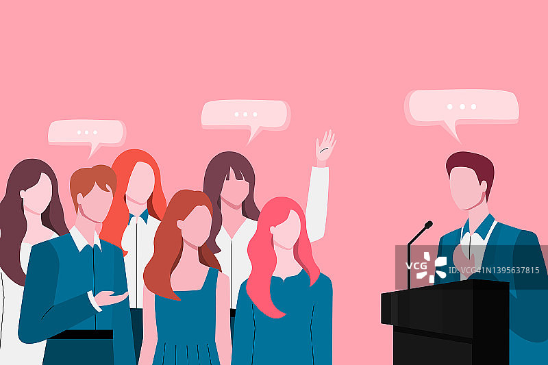 商业会议插图概念：一群人听取商人在讲台上展示商业模式，听众可以与演示者讨论和提问图片素材