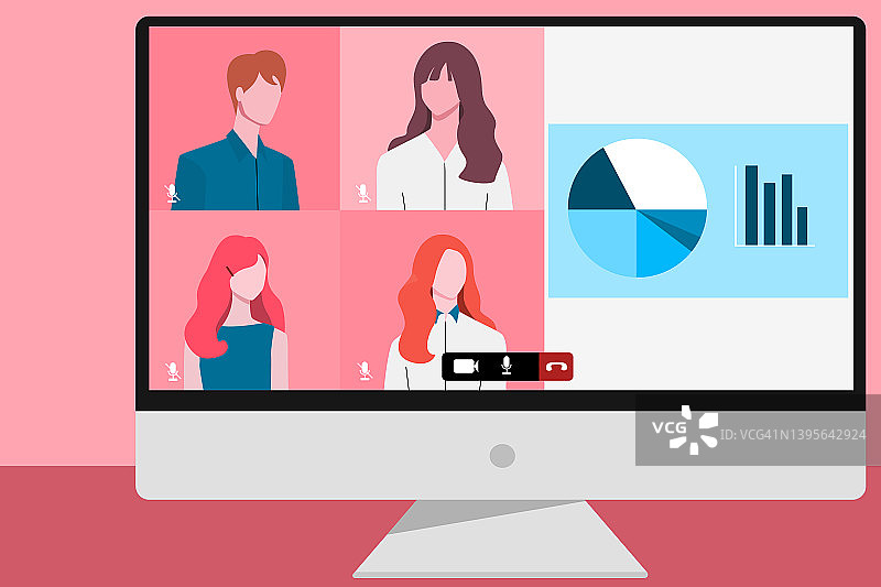 商务会议插画概念：通过电脑进行在线会议，设备屏幕显示一群人正在收听关于商业和金融的演示，麦克风静音图片素材