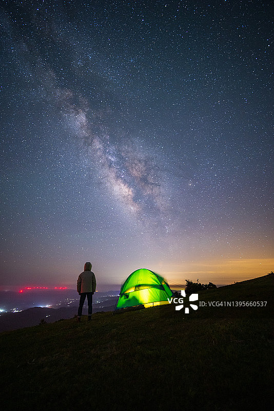 站在帐篷旁，仰望银河星空的男人图片素材