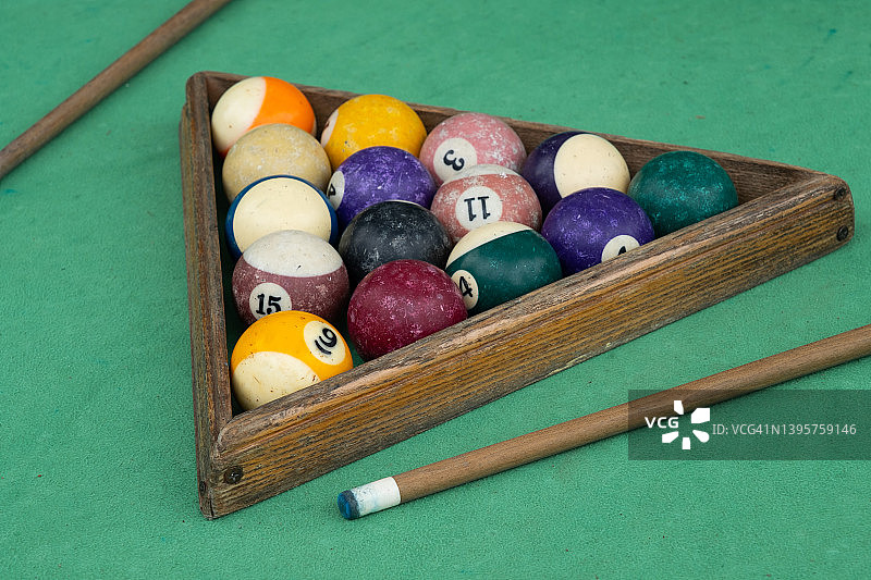 台球桌上的彩色台球和母球，木制三角框，预备比赛场景图片素材