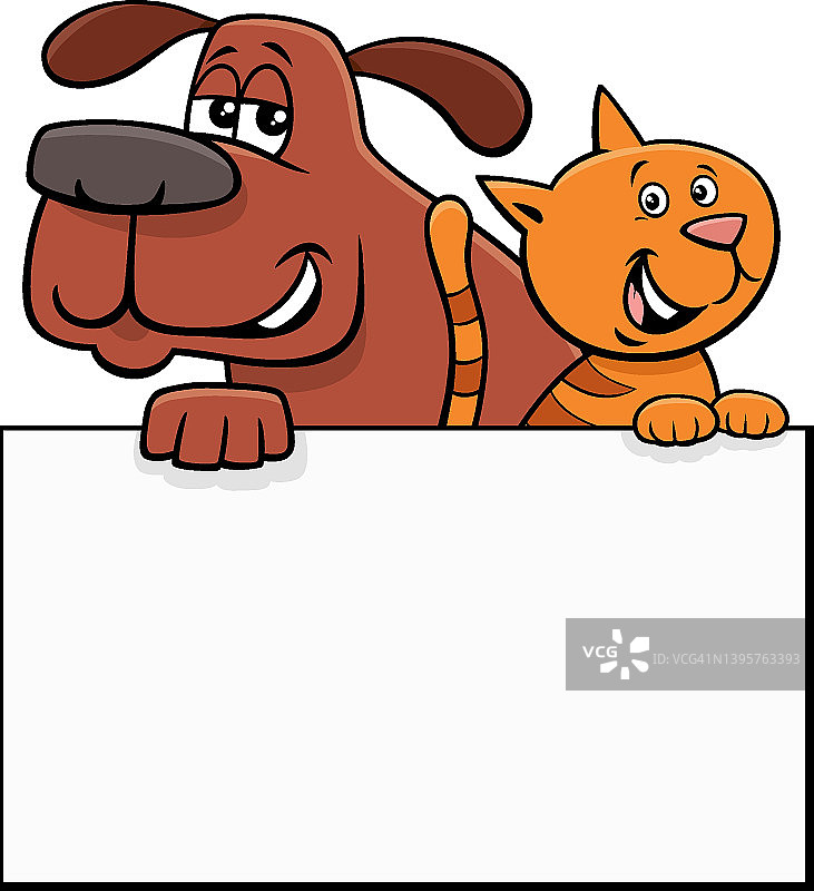 卡通小狗和小猫与空白卡片平面设计图片素材