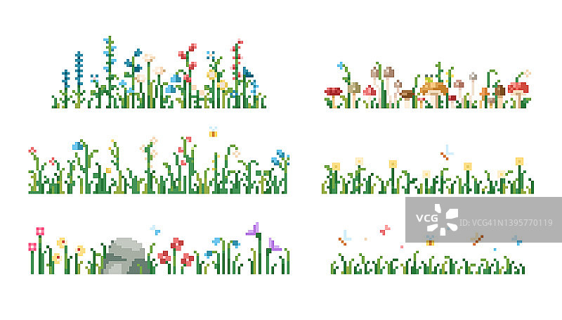 像素艺术背景组合：草地、鲜花、昆虫和石头。8位复古游戏风格矢量纹理，含野生和田野花卉图片素材