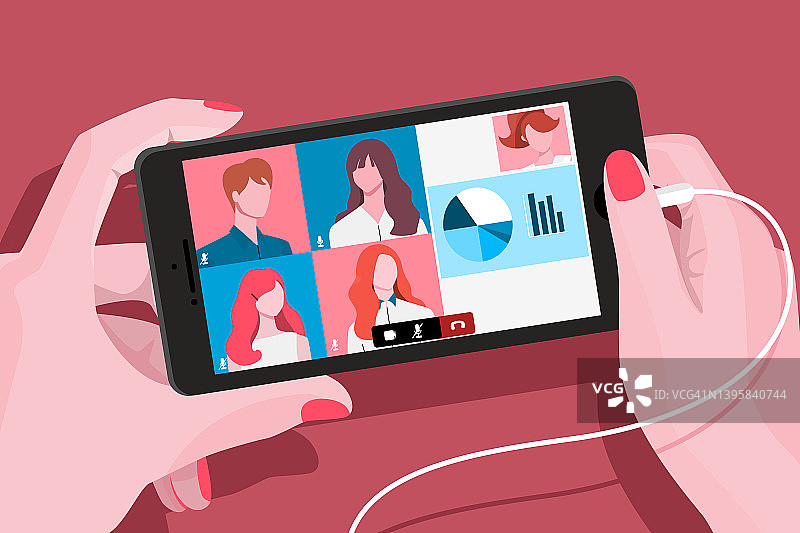 商务会议插画：与会者通过智能手机参会图片素材