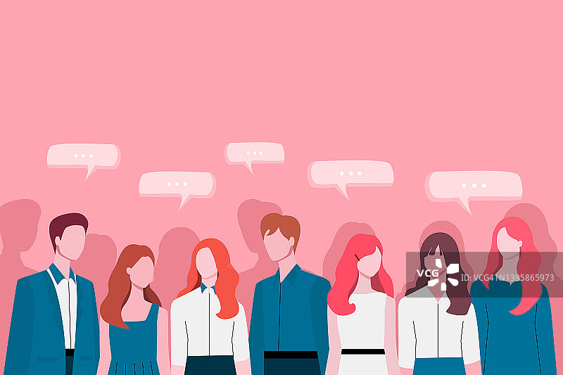 商务会议插画概念：一小群年轻商务人士在商务会议厅面对面交谈讨论，交流意见和想法，粉色背景和文案空间图片素材