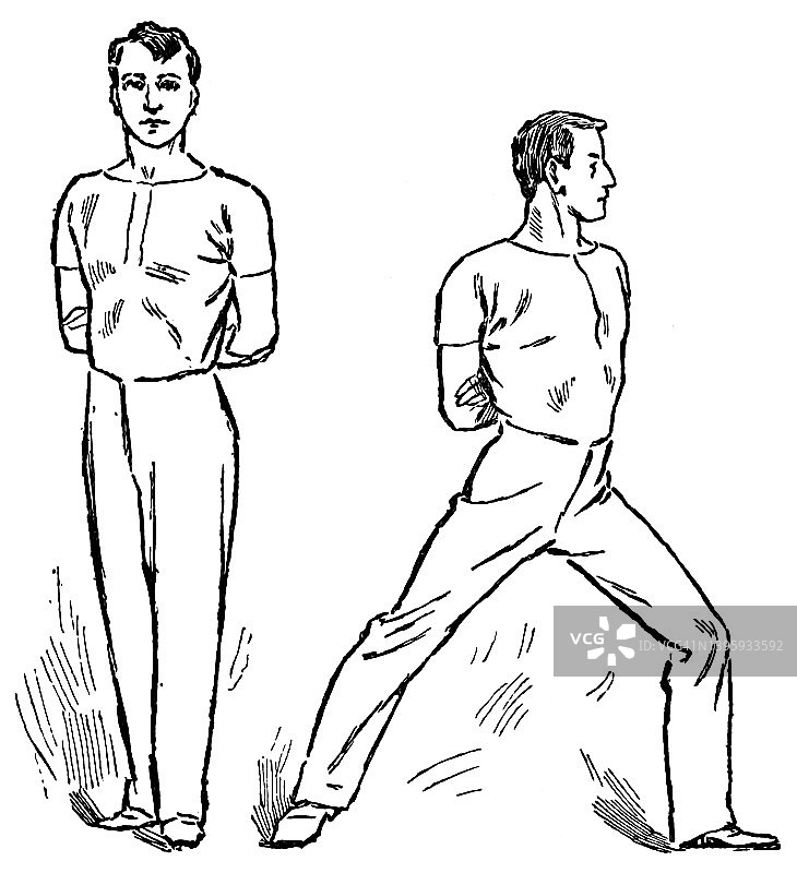 卫生体操古老版画插图：无器械健身运动，健康生活方式图片素材