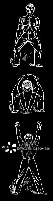卫生体操，健康生活方式 - 腿部、身体和手臂练习古版画插图图片素材