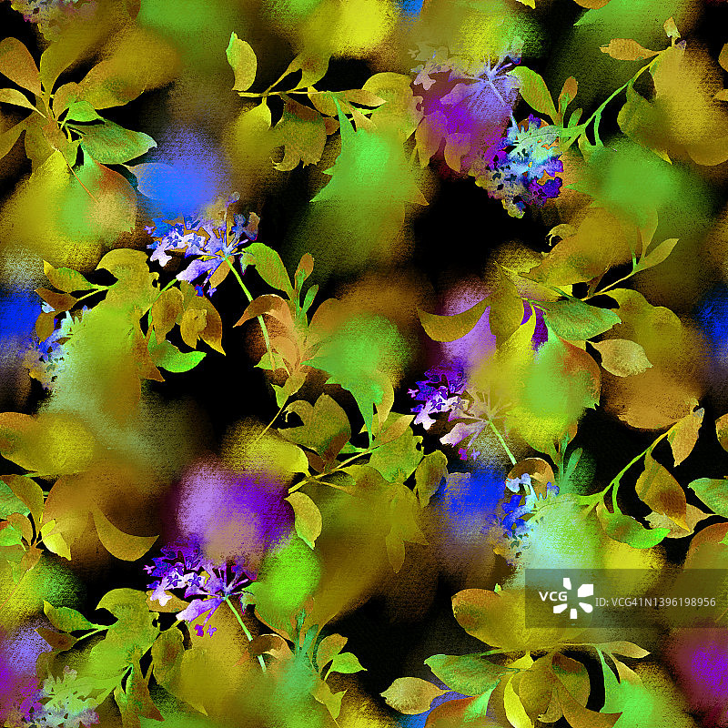模糊的花卉无缝图案。装饰性春季丁香。朦胧的水彩颜料纹理。优雅的花卉图案。流行的植物设计。图片素材