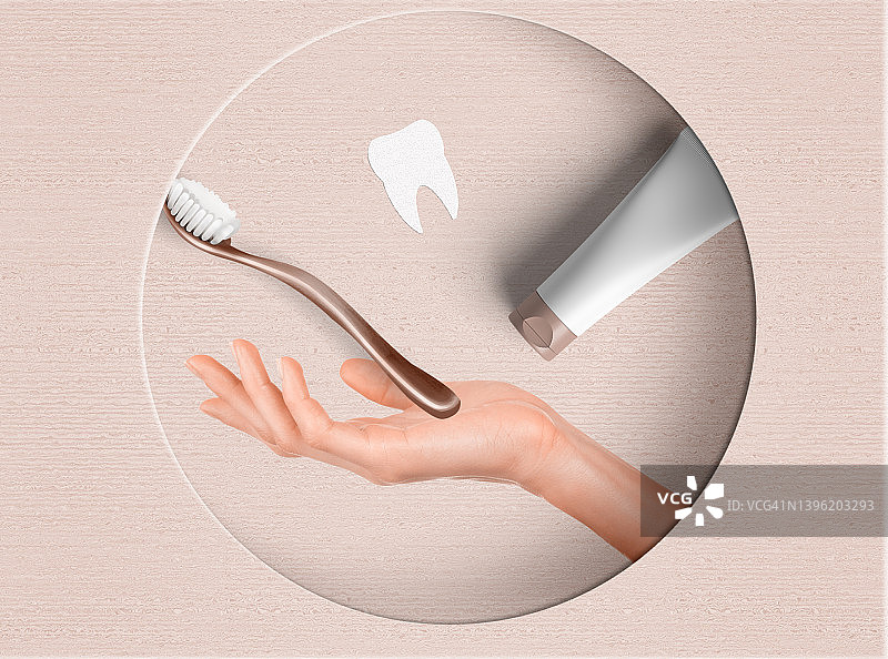 纸质牙齿、牙膏和牙刷。文本空间。牙齿健康概念。牙医日概念。图片素材