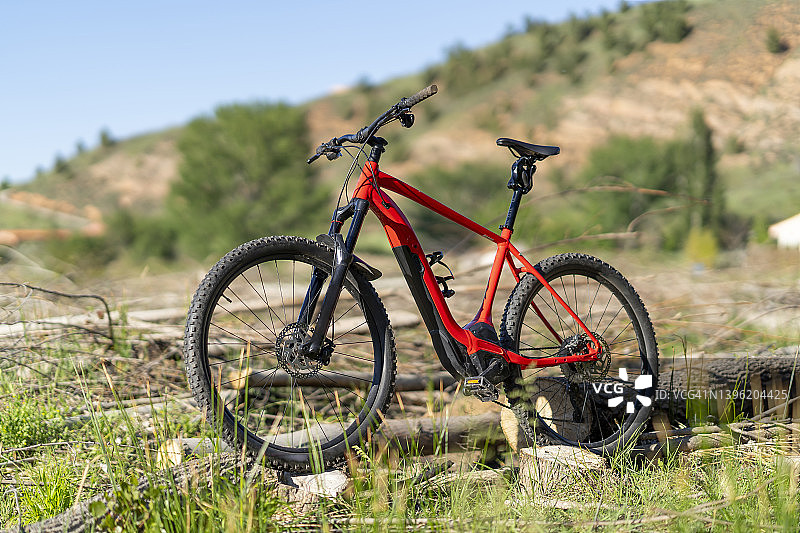 固定在树干上的山地自行车图片素材