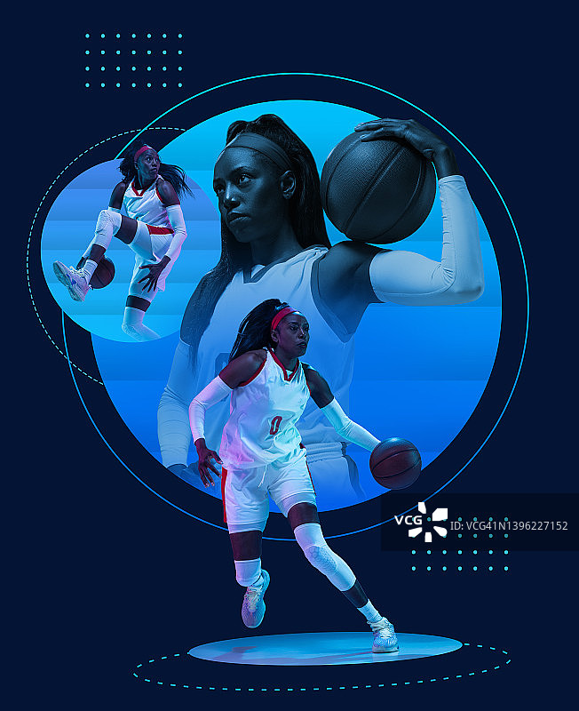 非裔美国女篮球运动员在蓝色背景下手持篮球的拼贴画，健康生活、职业运动、爱好图片素材