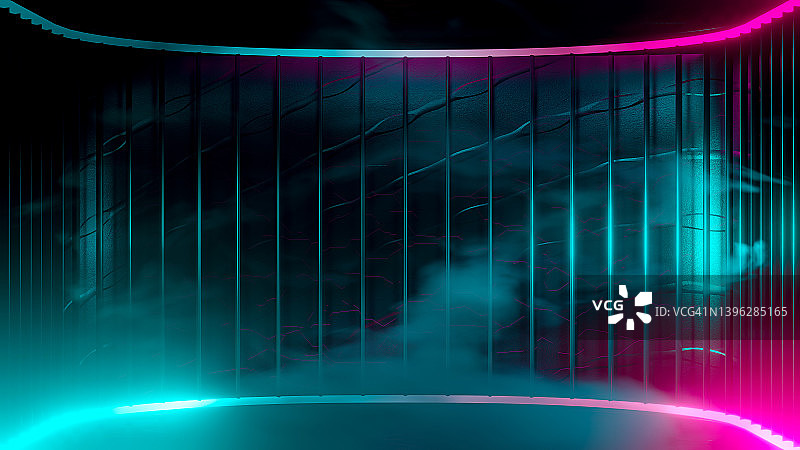 未来科幻空舞台，品红色和蓝绿色荧光灯管及彩色烟雾反射图片素材