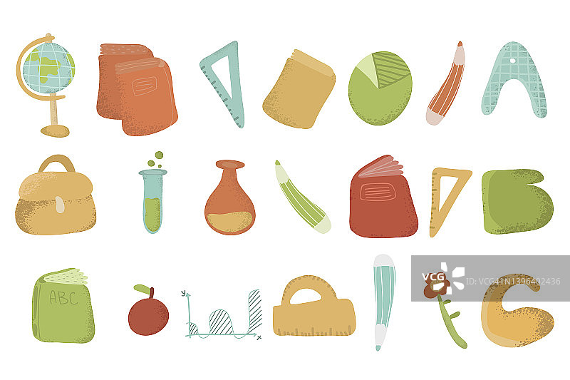 一套学校用品，包含文具、办公和教育用品，以及教师和儿童设备图片素材