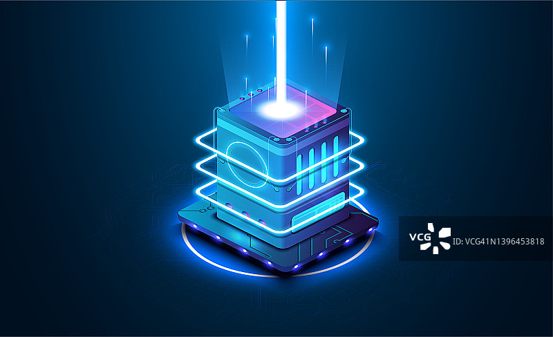 数据中心服务器硬件和未来主义外观，大数据技术、云信息库、人工智能概念信息技术主题页面模板矢量图图片素材