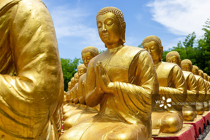 泰国那空那育府玛卡布查佛教纪念公园的1250弟子金色佛像图片素材