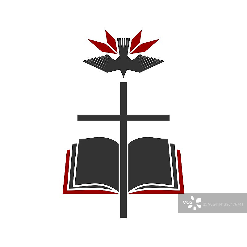 基督教插画：耶稣的十字架，背景是打开的圣经，顶部是一只鸽子——圣灵的象征图片素材