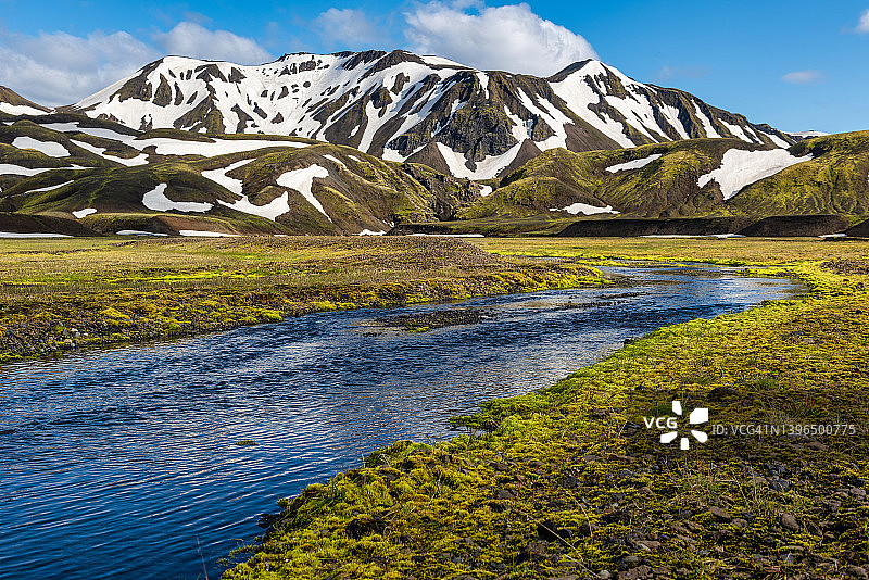 冰岛高地美丽的Landmanalaugar砾石路,欧洲。泥泞崎岖的地形适合极限四驱越野车。Landmanalaugar景观以自然徒步和远足而闻名。图片素材