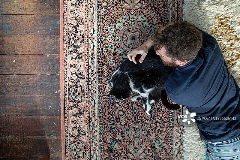 男人和猫一起放松玩耍图片素材