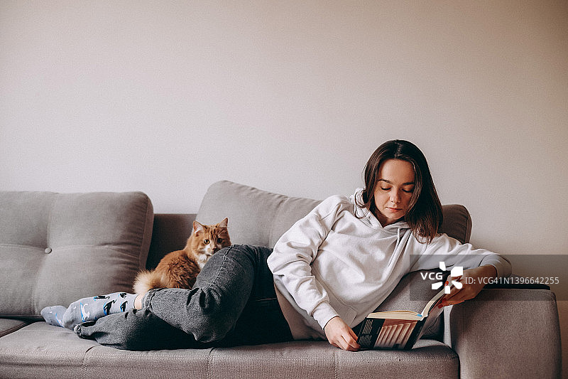 女人在家和猫一起看书图片素材