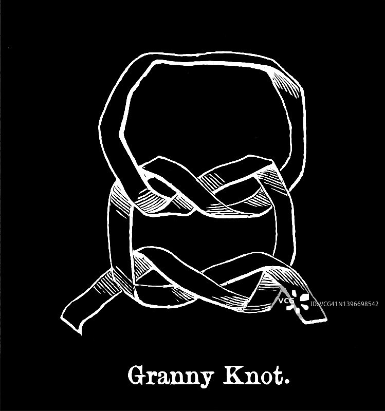 祖母结和拉紧的祖母结的古老雕刻插图图片素材