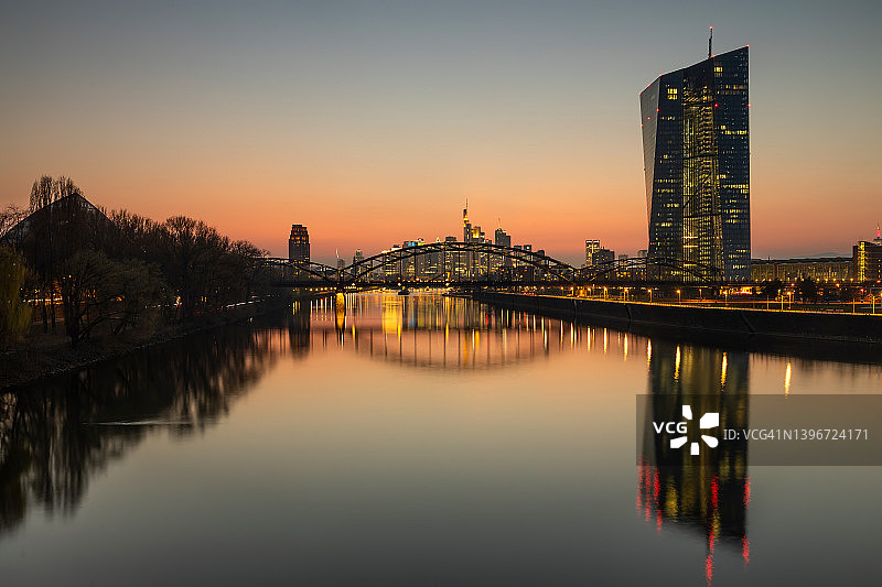 日落时分的欧洲央行大楼和法兰克福天际线（法兰克福/美因河，德国）图片素材
