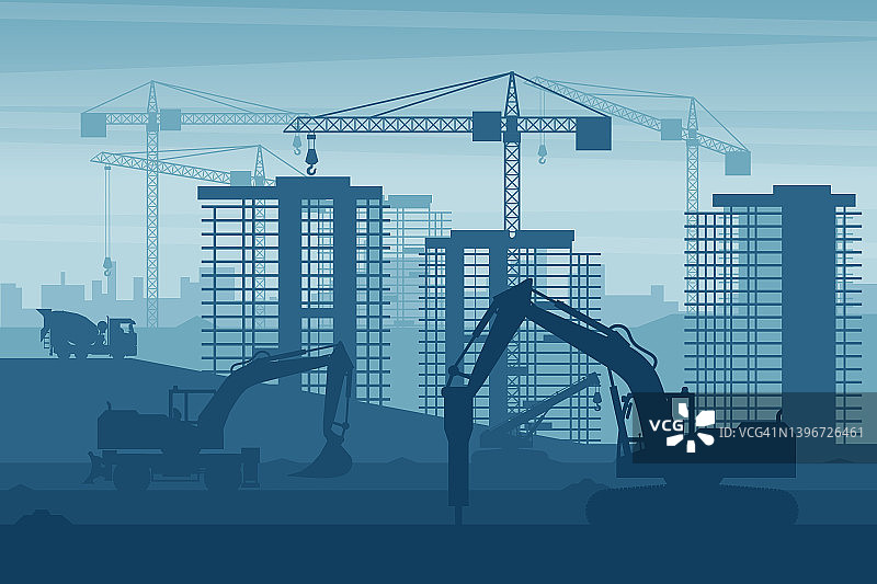 重型机械在城市建筑工地作业背景图片素材
