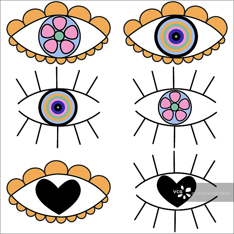 1970年代风格的愉悦心情：复古风格的迷幻眼睛元素手绘图片素材