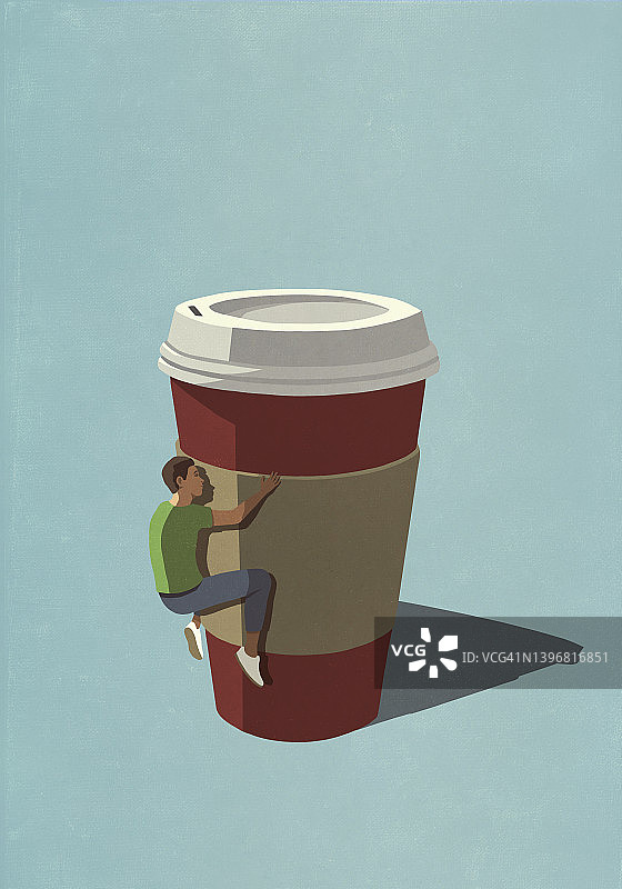 对咖啡因上瘾的男人抱着一次性咖啡杯图片素材