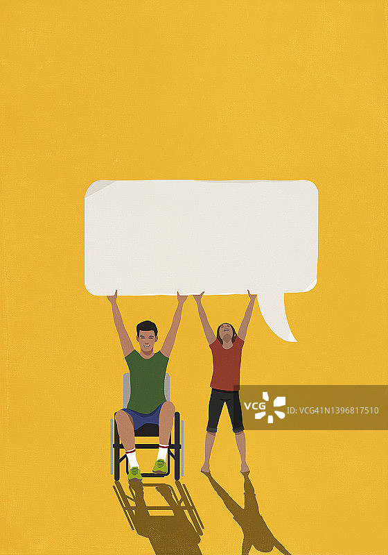 坐在轮椅上的男人和举着对话气泡的女人的肖像图片素材