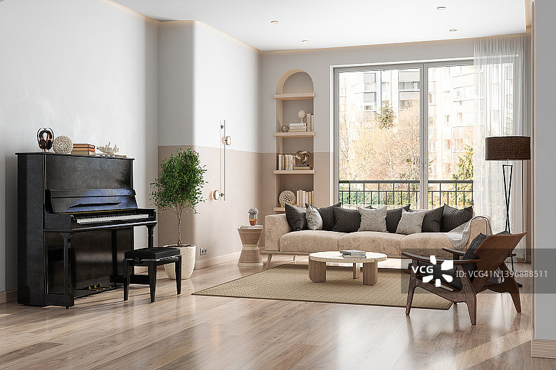 带三角钢琴、沙发、咖啡桌和花园景观的现代客厅内饰图片素材