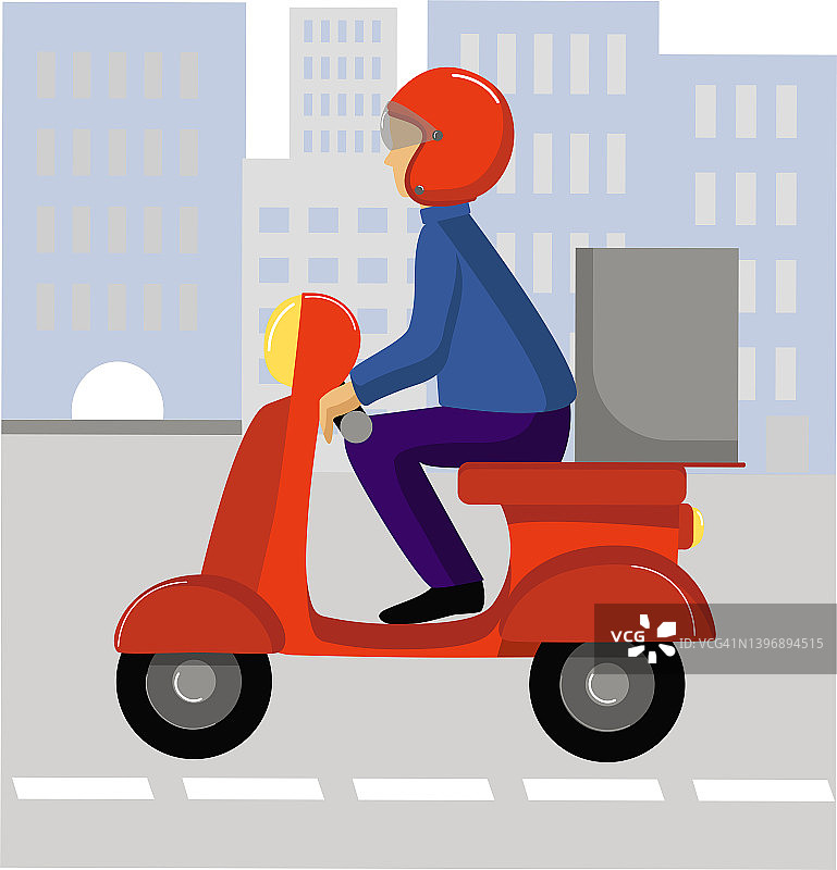 快递员骑着踏板车送货。图片素材