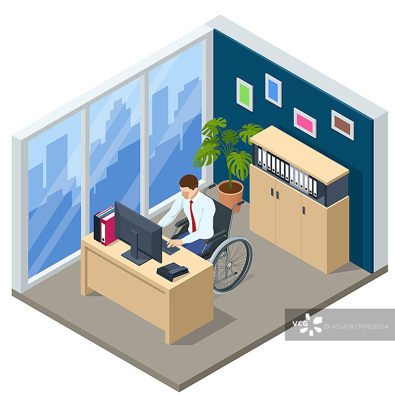 2.5D坐轮椅的男子在办公室用笔记本电脑工作图片素材