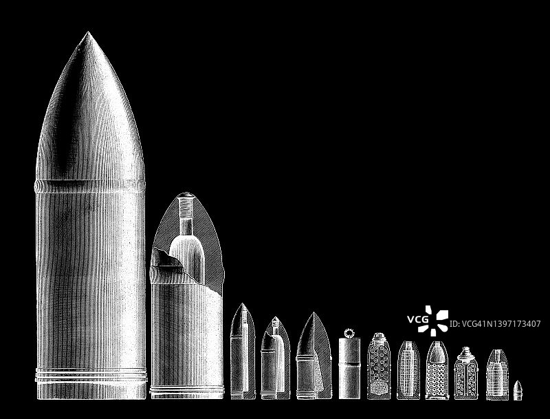 子弹、榴霰弹和分段炮弹的古老雕刻插图图片素材
