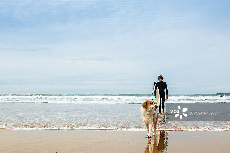 海滩上和小狗在一起的主人图片素材