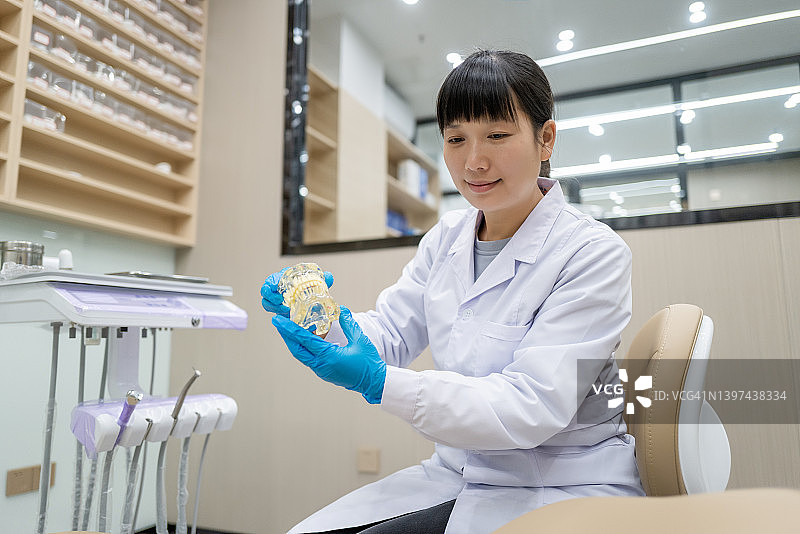 亚洲牙医向患者展示牙齿模型图片素材