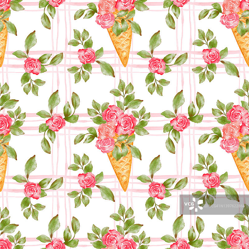带花束的华夫饼冰淇淋甜筒水彩无缝图案图片素材