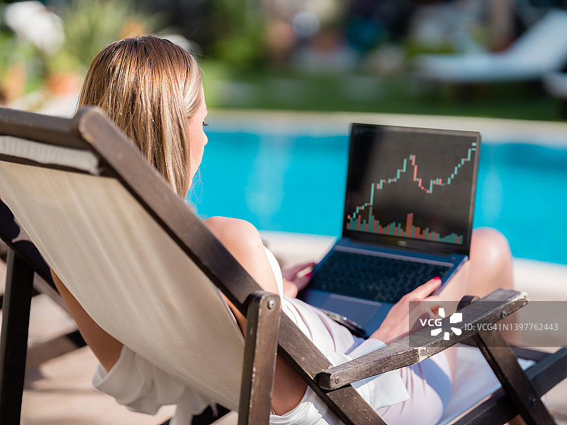 年轻女子在夏季户外使用笔记本电脑进行股票交易图片素材