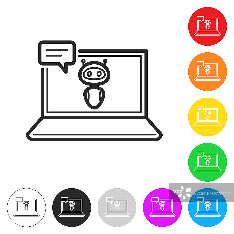 带有聊天机器人的笔记本电脑，彩色按钮图标图片素材