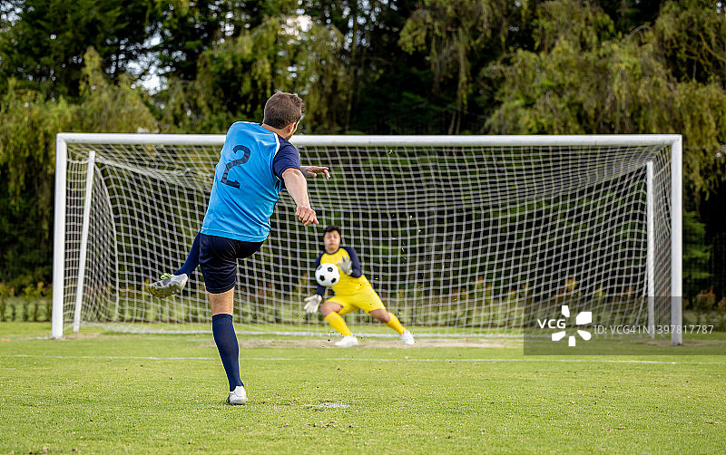 足球运动员在比赛中踢点球图片素材