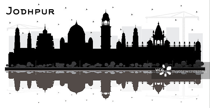 焦特布尔城市天际线黑色建筑剪影与白色背景上的倒影图片素材