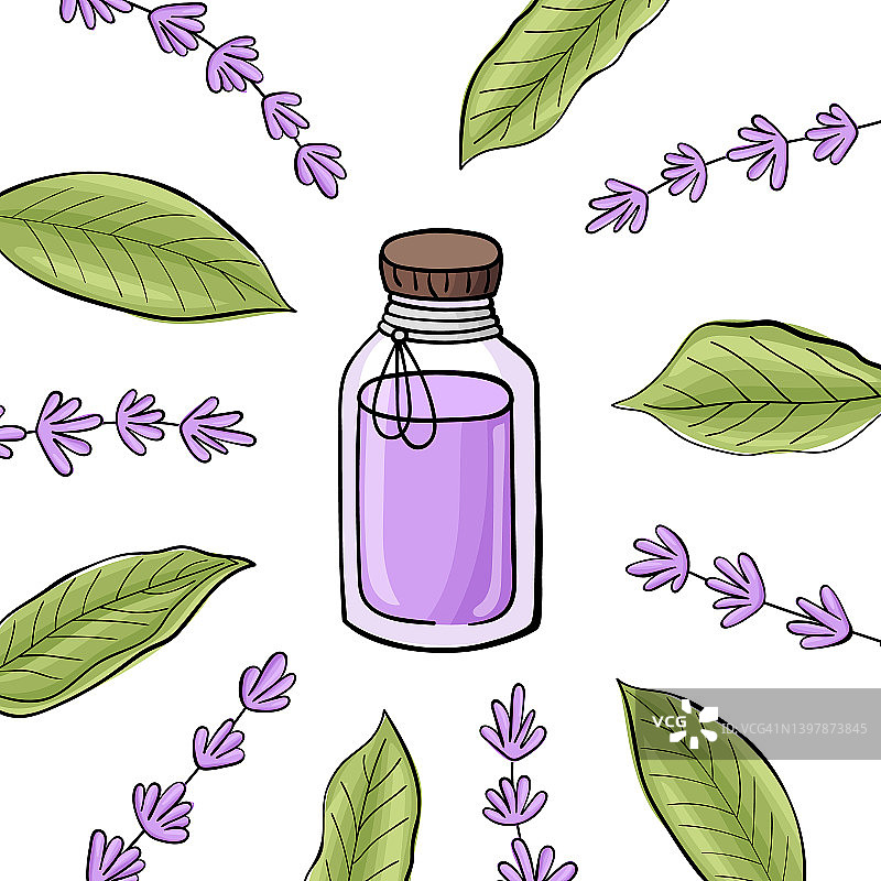 香薰精油瓶、绿茶叶和薰衣草枝条草本框架，适用于水疗、美容院和草药设计矢量插画图片素材