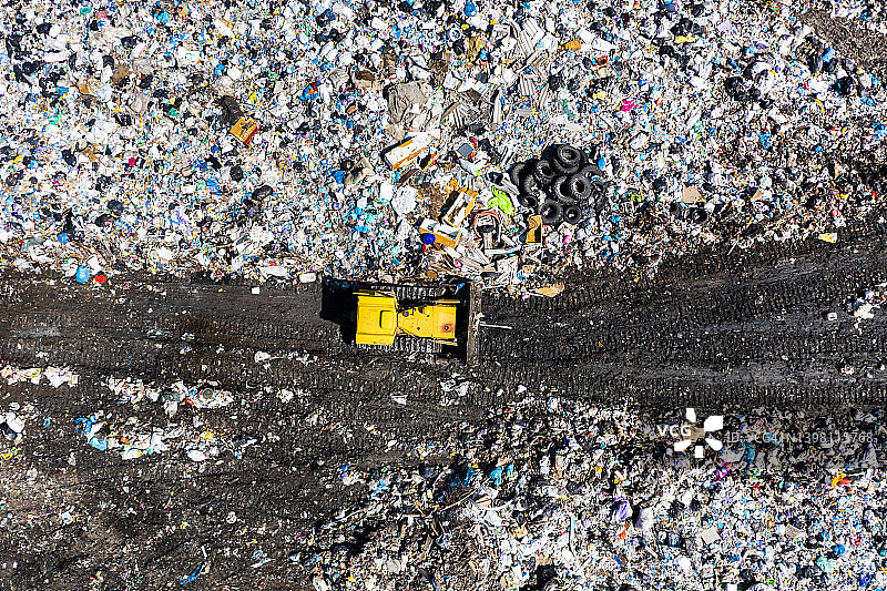 城市垃圾场推土机鸟瞰：污染与过度消费概念图片素材