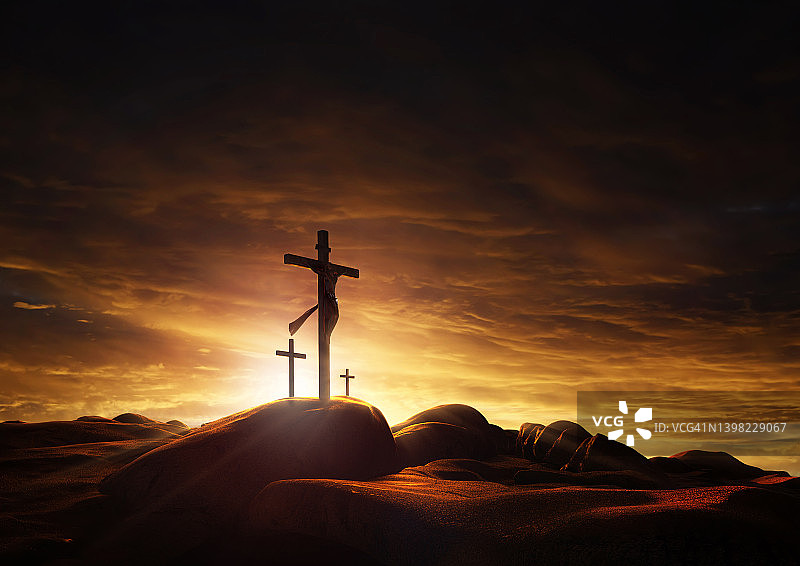 各各他山上的光与云：耶稣基督的死亡与复活和圣十字架图片素材