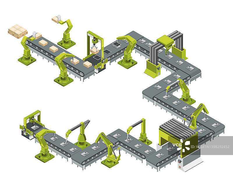 带有传送带和机械臂的自动化工厂，组装过程，矢量图示图片素材